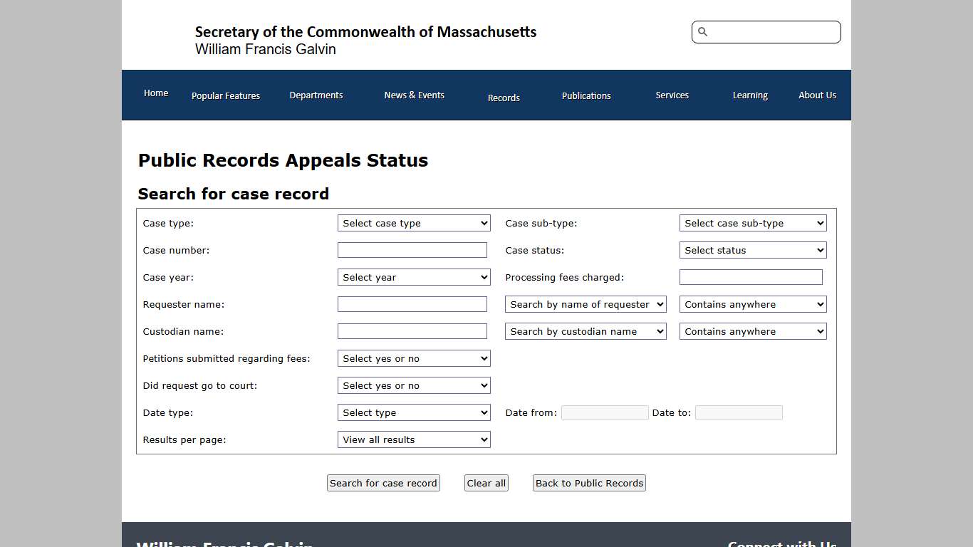 Appeals Tracking System: Search for an appeal